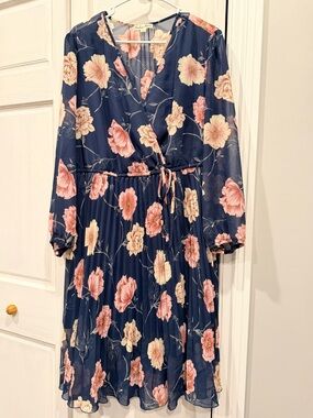 Floral Wrap Long Sleeve Dress in Navy with Pink Blooms